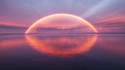 A vibrant rainbow arches gracefully from the sea, its colors reflected on the calm water below, with a soft sunset sky in the background