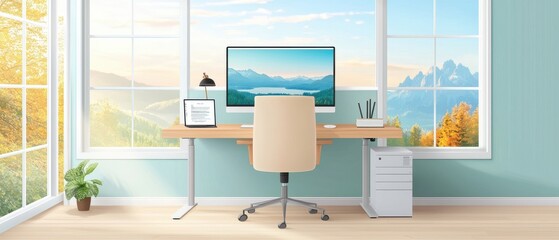 Modern home office with a computer, stylish chair, and scenic window view.