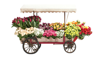 A Vibrant Mobile Flower Cart Displaying Freshly Arranged Bouquets Ideal for Outdoor Markets, Events, and Decorative Settings.