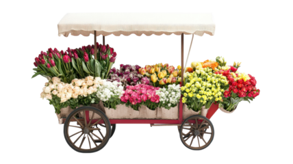 A Vibrant Mobile Flower Cart Displaying Freshly Arranged Bouquets Ideal for Outdoor Markets, Events, and Decorative Settings.
