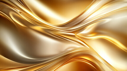 abstract background featuring flowing golden waves and floating geometric curved lines, liquid fluid shiny smooth metal texture with glowing golden color, golden background with smooth lines.