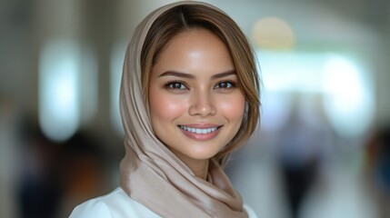 Obraz premium Smiling woman in a hijab, showcasing cultural beauty.