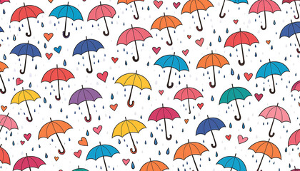 Colorful pattern of umbrellas with hearts on white background