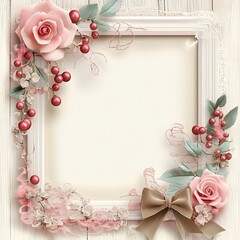 A decorative frame adorned with roses, berries, and a bow for creative displays.