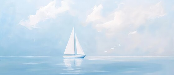 Tranquil Seascape with White Sailing Boat under Soft Blue Clouds - Serene Ocean View for Relaxation and Peaceful Atmosphere