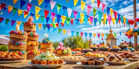 Festive Food Photography: Colorful Flags & Sky Background - Delicious Treats