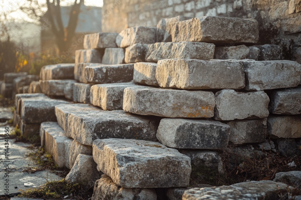 Poster stacked rectangular stones bathed in warm sunlight, creating a pyramid-like structure against a back