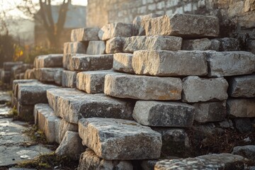 Stacked rectangular stones bathed in warm sunlight, creating a pyramid-like structure against a backdrop of a stone wall