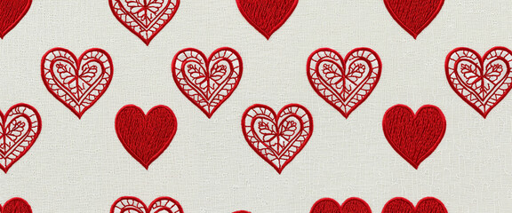 Red embroidered hearts on white fabric