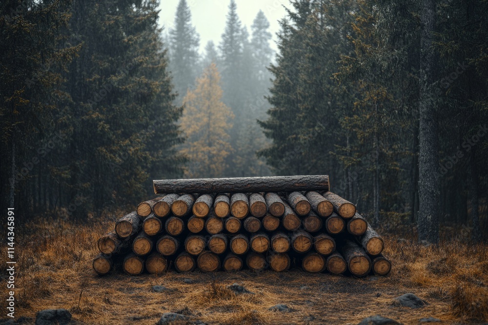 Poster stack of freshly cut tree trunks lying on the ground in a misty forest, showing the effects of loggi