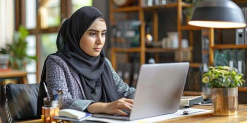 Woman wearing a black scarf is sitting at a desk and typing on a laptop. Concept of focus and productivity, as the woman is engaged in her work
