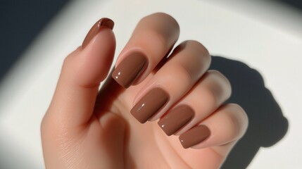 Manicure brown close-up hand glossy square-shaped nails natural sunlight