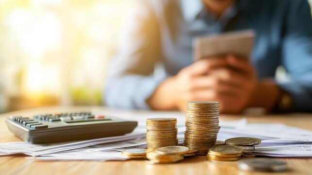 A person calculates finances with coins and a calculator on a desk.