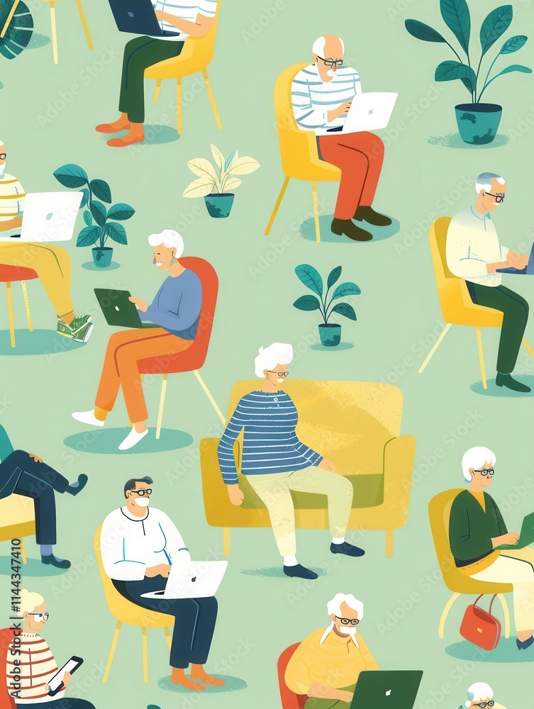 Aufkleber Elderly individuals engaged in online learning sessions using laptops and tablets in a vibrant indoor setting. Generative AI