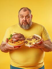 A man displaying two large hamburgers on plates, with a surprised expression.