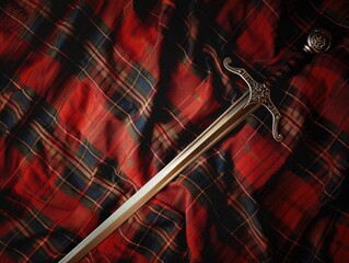 A vintage metal sword with ornate hilt, resting on a red plaid cloth.