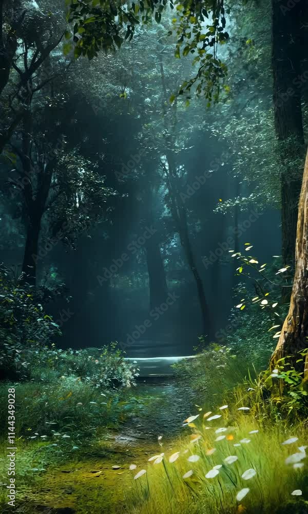 Aufkleber exploring a serene forest path surrounded by lush greenery and soft sunlight filtering through the t