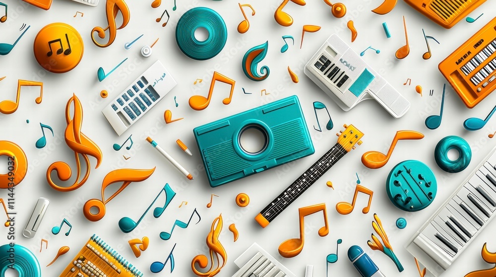 Poster musical instruments and notes pattern creative studio graphic art colorful environment top view arti