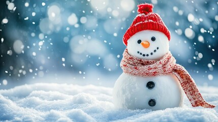 Obraz premium A warm scarf styled on a snowman, surrounded by freshly fallen snow