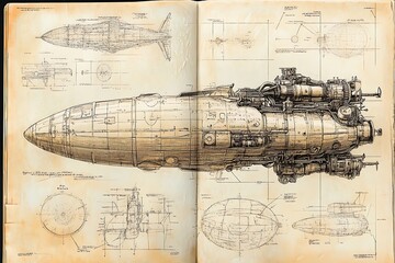 Obraz premium The Steampunk explorer's journal, filled with sketches of forgotten relics and lost inventions. Time machines, skyborne zeppelins, fantastical creatures, enigmatic maps, daring escapades. 