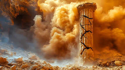 Cracked ancient column amidst a dust storm in a rocky landscape.