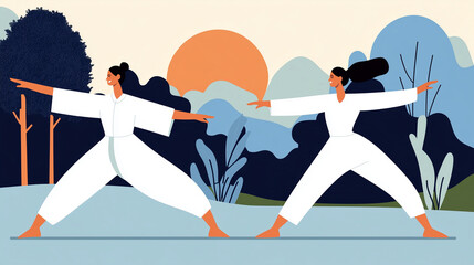 Couple Practicing Tai Chi in Park, Flat Design Illustration