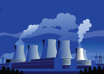 Generate a detailed vector illustration of a modern nuclear power plant, showcasing its cooling towers, containment structures, and surrounding landscape.