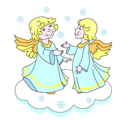 Two cute little angels on the cloud, under snowflakes. Christmas clip art. Vector cartoon illustration, isolated on white.
