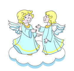 Two cute little angels standing on the cloud. Vector cartoon illustration, isolated on white.