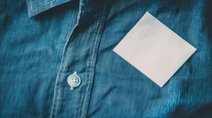 White Blank Laundry Care Label on Blue Shirt Fabric Background
