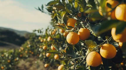 Bunch of ripe oranges on tree ready for picking.