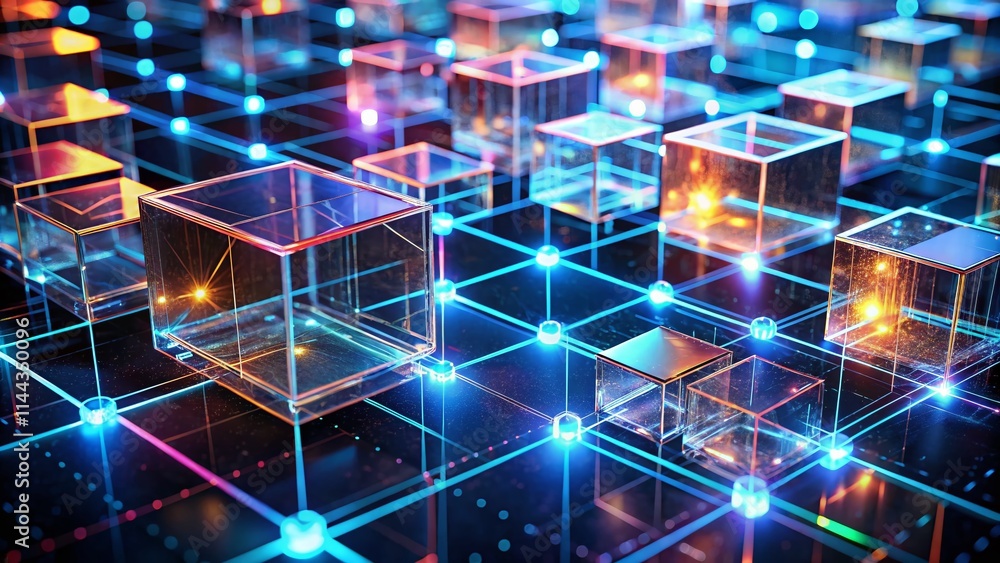 Poster futuristic blockchain technology: glowing neon cubes & squares network - high depth of field