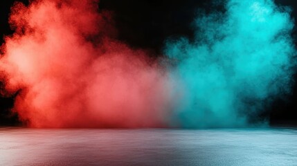 Billowing clouds of contrasting red and teal smoke merge dramatically against a stark black background, creating an intense visual effect and mysterious atmosphere.
