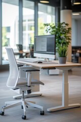 Fototapeta premium Modern Office Workspace with Desk, Chair, and Computer Setup