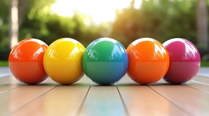 Five vibrant, glossy balls of different colors are aligned neatly on a wooden surface, gleaming in the sunlight, against a blurred green background.
