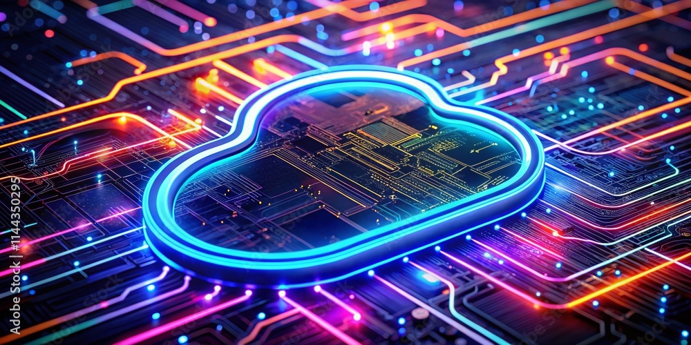 Poster futuristic cloud computing: neon cloud network digital interface, high-tech connectivity, advanced t