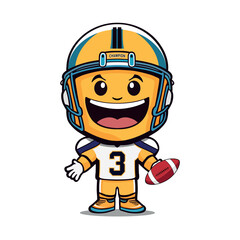 Fototapeta premium A cheerful rugby player mascot wearing a yellow helmet with blue stripes, a white jersey with the number 3, and holding a rugby ball. The character is smiling widely.