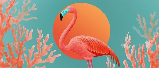 Naklejka premium Vibrant Pink Flamingo Against Coral Reef and Sunset Background - Tropical Wildlife Illustration for Nature and Travel Themes