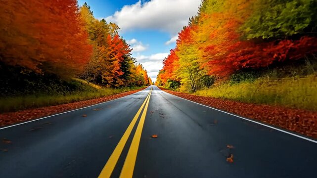 An empty highway cutting Road through a vibrant autumn forest with colorful leaves travel