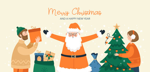 Holiday banner with happy people holding Christmas gifts, Santa Claus and Christmas tree. Flat vector illustration