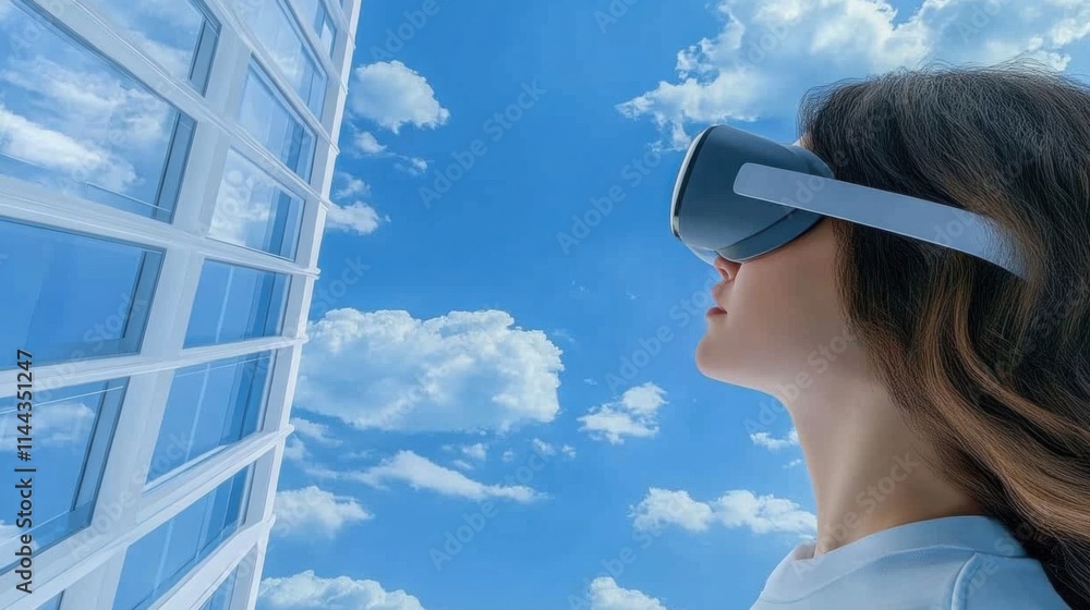 Poster an architect presenting a vr walkthrough of a futuristic skyscraper to a client