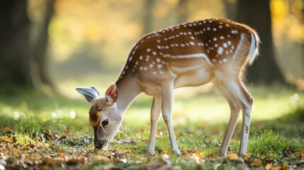 A close-up of a deer grazing in the forest with soft, natural light highlighting its fur