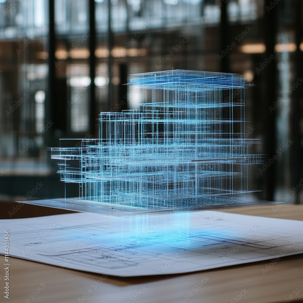 Poster 3d architectural model overlaying blueprints on a table.