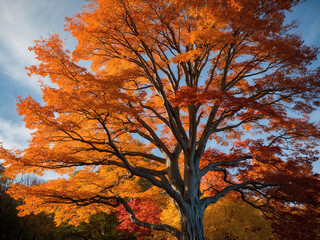 Photograph of an isolated autumn tree with blue sky background 