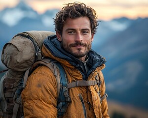 Rugged Adventurer in Casual Gear Pauses for Scenic Mountain Sunset Vista Confident Outdoor Enthusiast Exploring the Wilderness