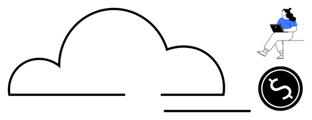 Minimalist cloud with dollar sign, seated woman using laptop. Ideal for fintech, cloud services, e-commerce, remote work, online banking, digital marketing, online education. Line metaphor
