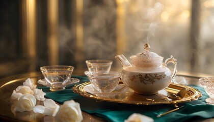 Fototapeta premium Luxurious Tea Ceremony with Porcelain Teapot, Silk Napkin, and Gold Accents for Premium Branding