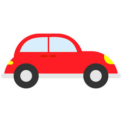 Cartoon-style red car with two black wheels, a yellow headlight, and two windows, depicted from the side
