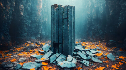 Cracked stone pillar in a misty canyon.