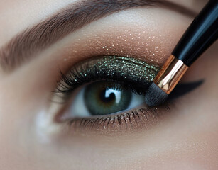Naklejka premium Makeup artist applies shimmering eye shadow for glamorous evening look, enhancing eye natural beauty with precision and skill